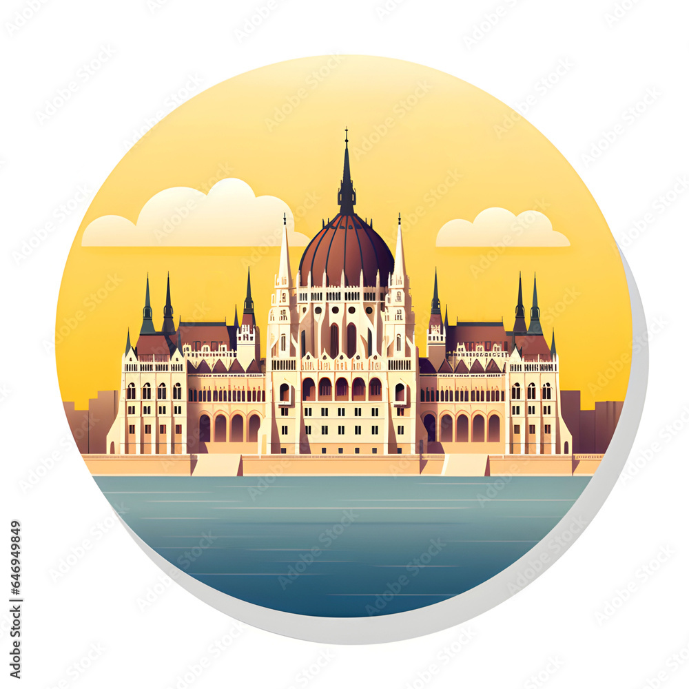 Parliament building in Budapest. City illustration in typographic and cartoon style.