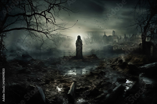 Scary grave night background ai generative, evil, mystery, halloween