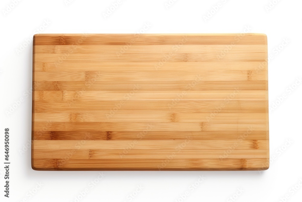 A wooden cutting board on a white surface. Imaginary photorealistic image. A wooden cutting board on a white surface. Imaginary photorealistic image.