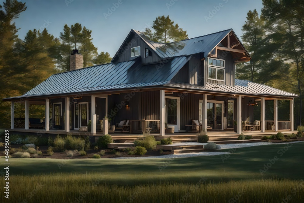 Modern farmhouse with a metal roof and a large front porch - AI Generative