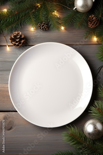 A white plate sitting on top of a wooden table. Imaginary photorealistic image.