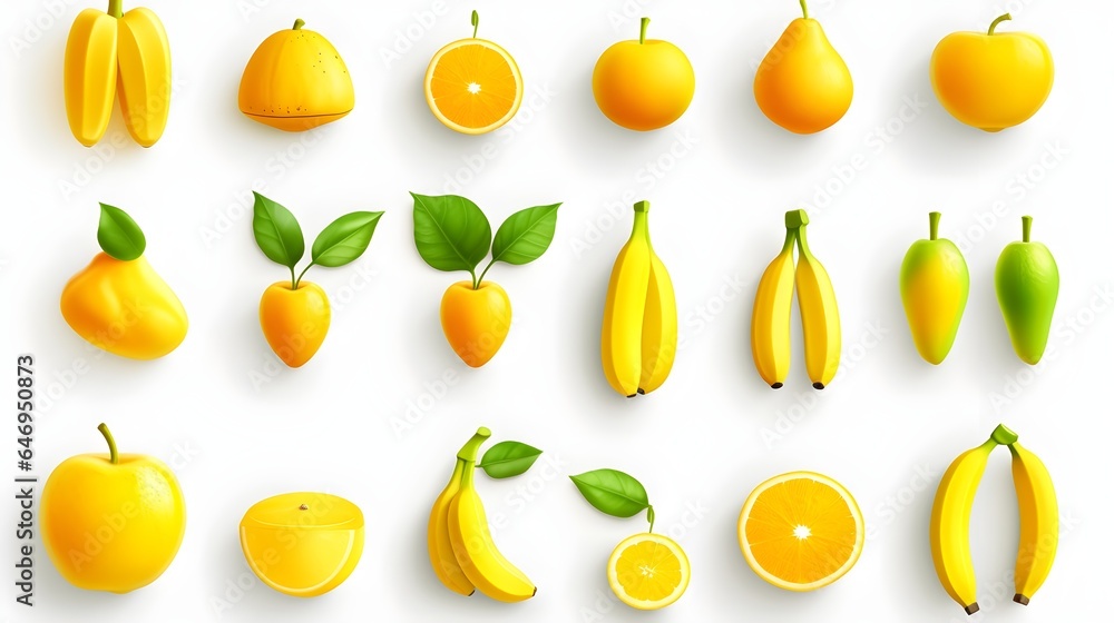 Yellow fruits and vegetables isolated icons illustrations set - obrazy, fototapety, plakaty 