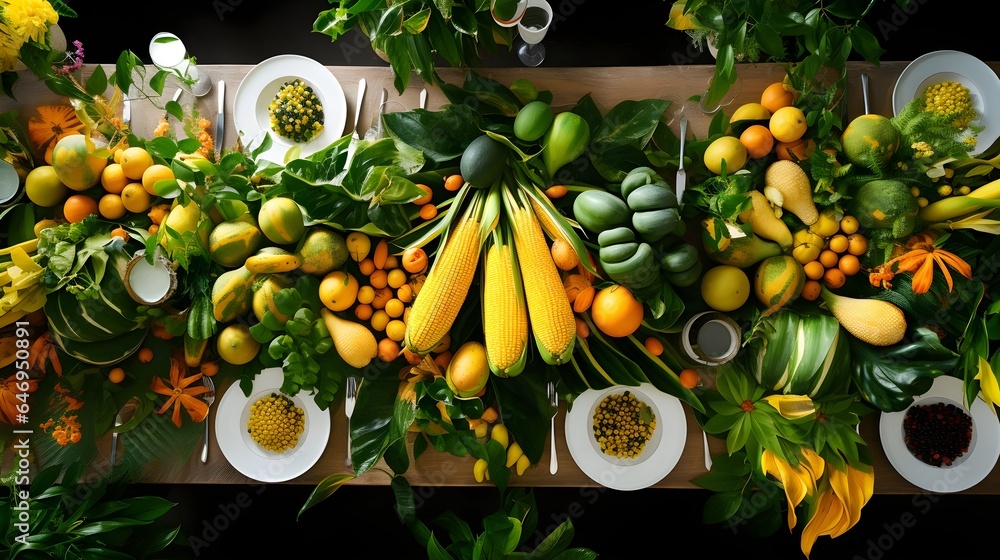 Table decorated with fresh yellow fruits and vegetables, healthy, sweet food creative image.