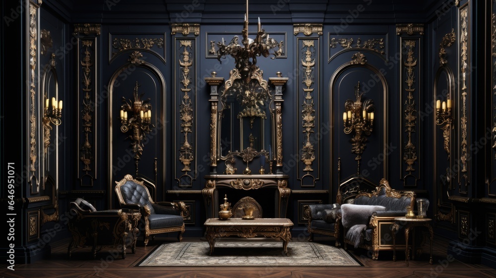 19th century Renaissance style room with modern luxury furniture, dark walls adorned with stucco and gilded frames, and wooden parquet. 19th century Renaissance style room with modern luxury furniture, dark walls adorned with stucco and gilded frames, and wooden parquet.