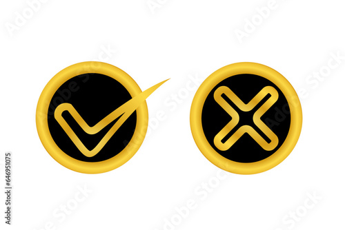 set of check mark and cross mark icons with gold color. round icons.