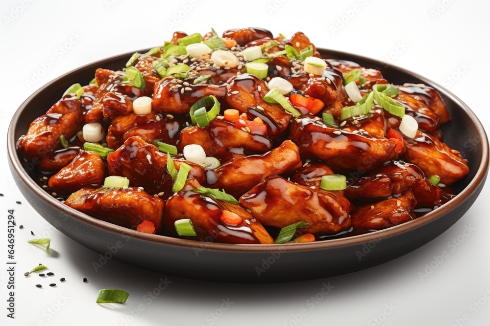 A brown bowl filled with meat covered in sauce. Fictional image. Kung Pao chicken dish.