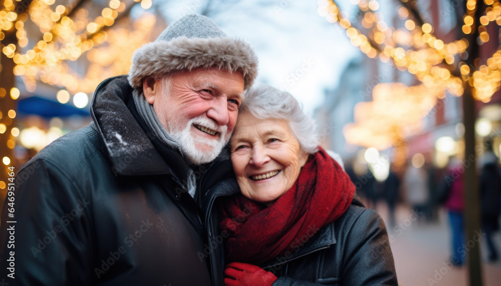 Senior couple enjoying life in Christmas market. City street, bokeh lights in the background.
