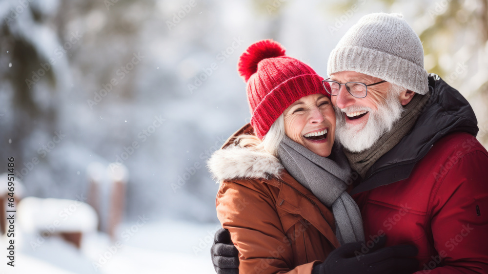 Senior couple enjoying life outdoors in winter. Beautiful woman and handsome man laughing and looking each other. There is romance in the air. Blurry background.