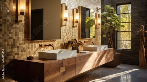 Gorgeous bathroom with floating wood vanity  gold fixtures  mosaic wall  and rectangular mirrors.