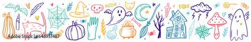 Vector set of Halloween symbols drawn by hand in the style of a doodle
