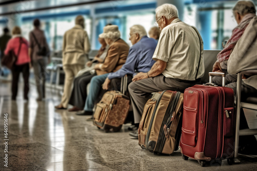 Group of elderly people with suitcases at the airport.