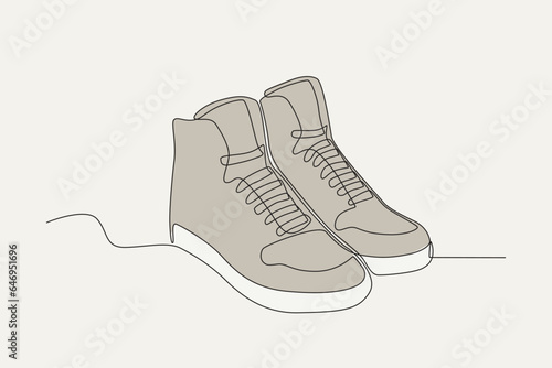 Color illustration of a pair of men's shoes. Footwear one-line drawing