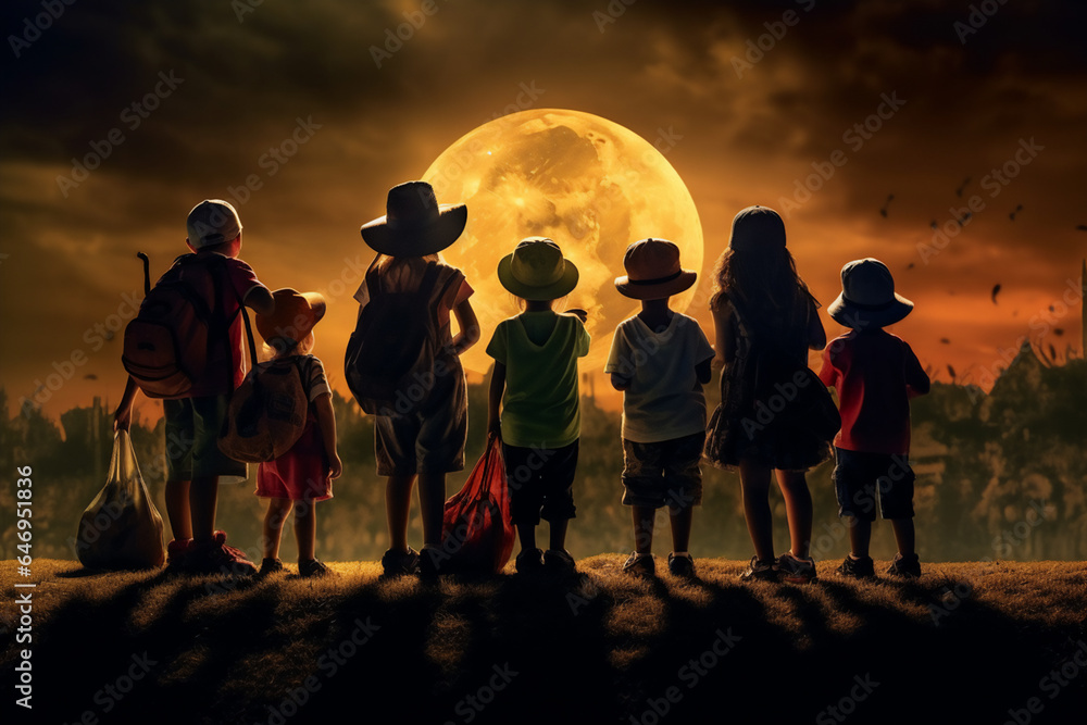 Group of little kids in scary halloween. Halloween concept.