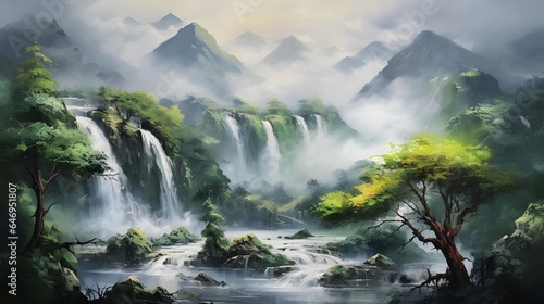Panoramic view of the waterfall in the mountains in the morning