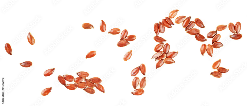 Group of brown flax seeds isolated on a white background, top view. Linseeds, oil seeds. Group of brown flax seeds isolated on a white background, top view. Linseeds, oil seeds.