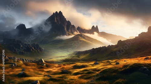Panoramic view of the Dolomites mountains at sunset.
