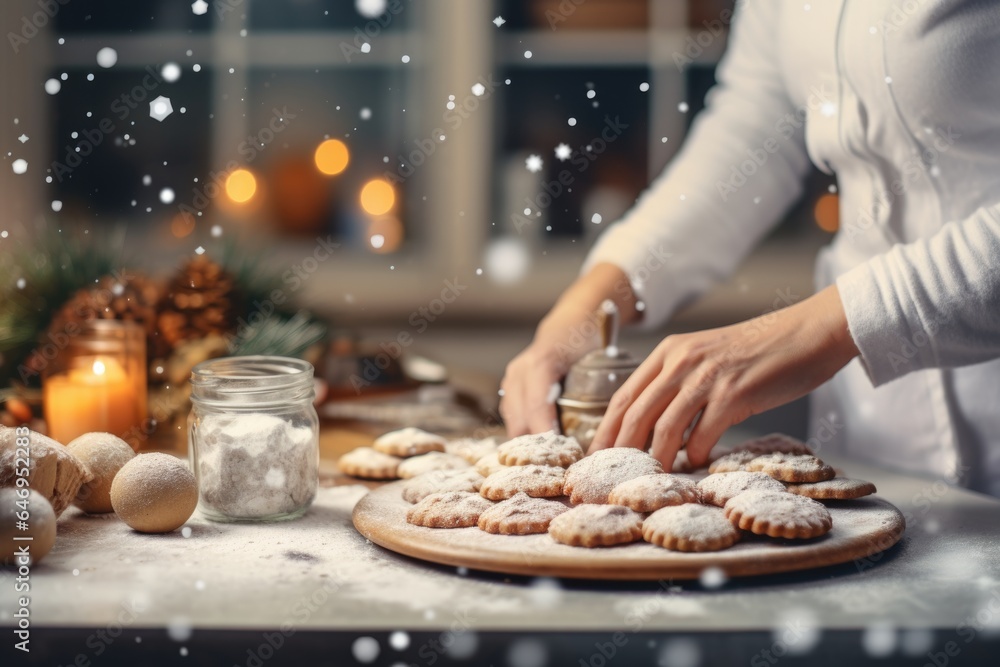 A woman is making christmas cookies on a table. Imaginary photorealistic image.