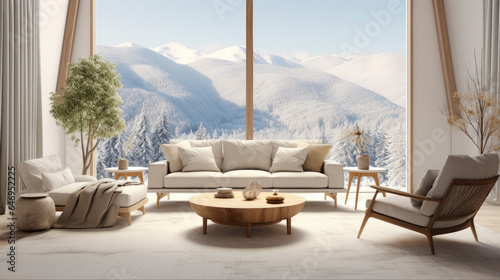 Modern Scandinavian minimalist living room design set against a panoramic floor-to-ceiling window showcasing a winter mountain view © Cedric