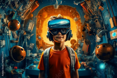 A kid wearing vr reality glass modern character design.