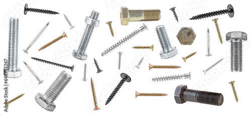 Different screws, bolts and nuts isolated on a white background, top view.