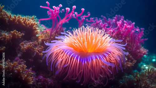 Colorful anemone on the coral reef. Underwater world. 