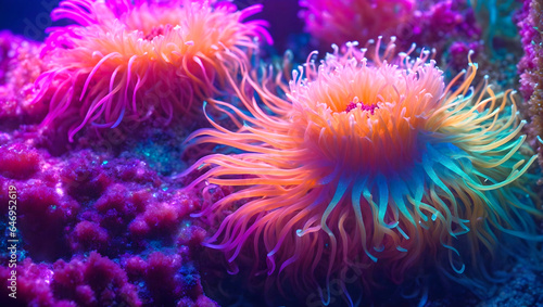 Colorful anemone on the coral reef. Underwater world. 