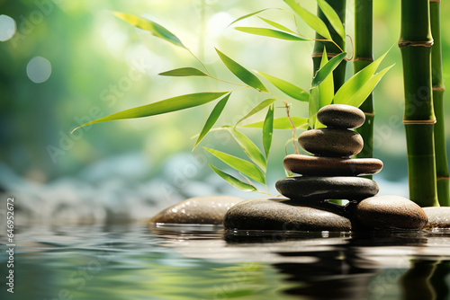 States of mind, meditation, feng shui, relaxation, nature, zen concept. Bamboo, rocks and water background with copy space. Nature illuminated with sunlight. Generative AI