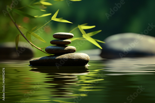States of mind  meditation  feng shui  relaxation  nature  zen concept. Bamboo  rocks and water background with copy space. Nature illuminated with sunlight. Generative AI