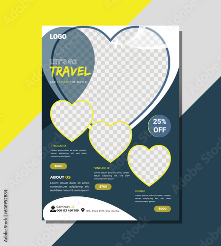Travel poster or flyer pamphlet brochure design layout space for photo background. Yellow Travel flyer template for travel agency