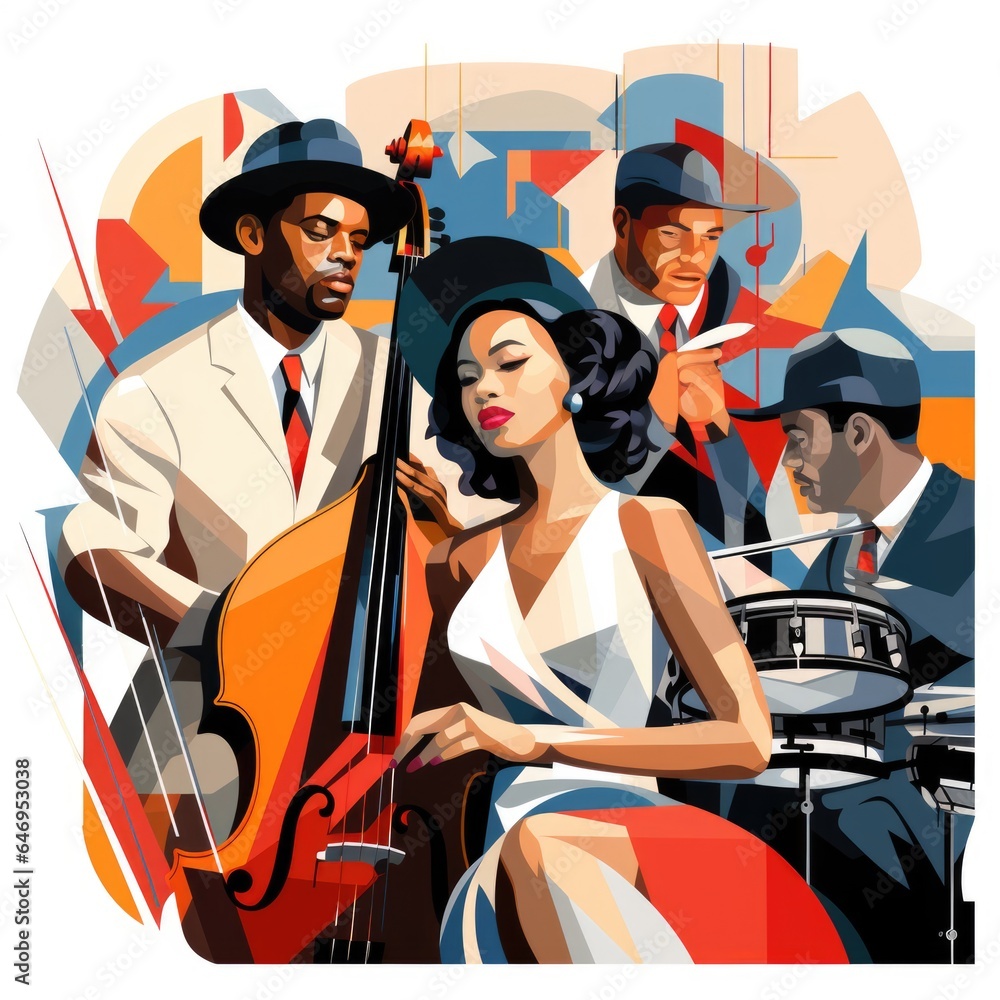 Obraz premium A woman in a white dress and a man in a suit playing a musical instrument. Imaginary illustration.
