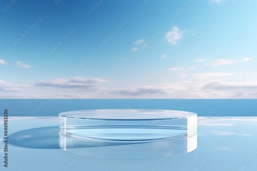 Transparent glass podium on crystal water surface in blue with white clouds sky background. Show case for cosmetic products, new product, promotion sale and presentation. Generative AI