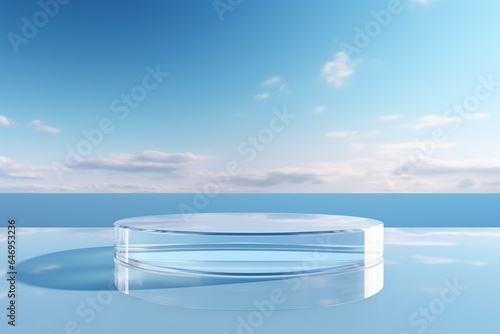 Transparent glass podium on crystal water surface in blue with white clouds sky background. Show case for cosmetic products  new product  promotion sale and presentation. Generative AI