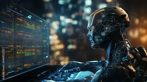 artificial intelligence technology, a robot hacking on laptop, hack, internet, big data, machine, generative ai