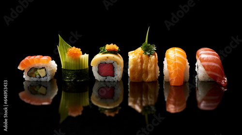 Luxurious set design with sushi, isolated on black background