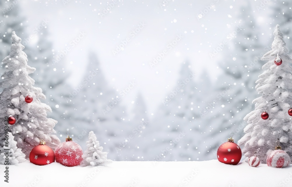 Red Christmas ball on snow, Christmas Tree With Baubles And Blurred Shiny Lights Red Christmas ball on snow, Christmas Tree With Baubles And Blurred Shiny Lights