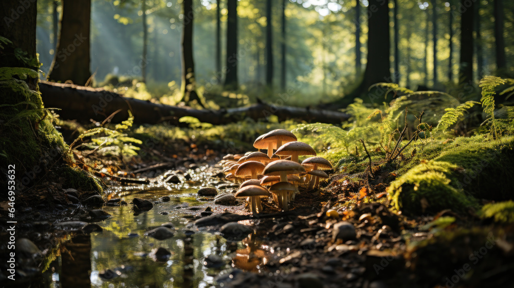 Nature's Bounty: Chestnut Boletus in Mossy Spruce Forest. Generative SI Nature's Bounty: Chestnut Boletus in Mossy Spruce Forest. Generative SI