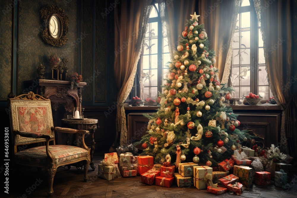 Christmas tree with gifts and decorations, Glowing fireplace, hearth, tree. Red stockings