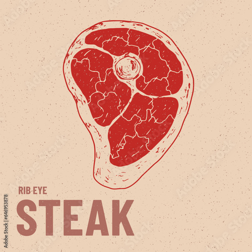 Rib eye steak illustration. Raw red meat. Sketch style steak. Hand drawn ribeye beef steak. Vintage engraving. Butcher shop product. Meat food. Retro style steak for menu, butcher shop