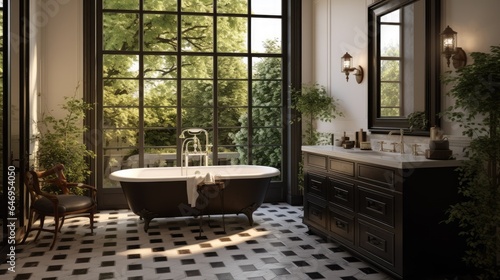 A a classical bathroom with checker floor tile and white wall tile with a brick pattern, adorned with a black wood cabinet. The rooms feature large open windows that provide a view of the terrace and © Vusal