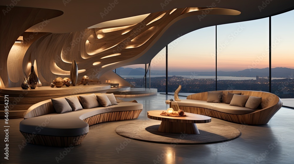Fototapeta premium pent house, concrete ad wooden at the wall, curves, indirect light