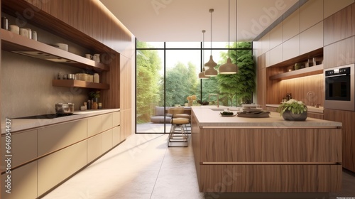 Modern minimalist kitchen   close up shot  beige cabinets floor to ceiling  combined with walnut wood open cabinets with led lights  floating ceiling.