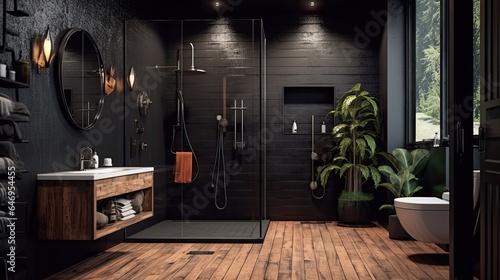 A design bathroom  with a wood floor  black wall  italian shower.