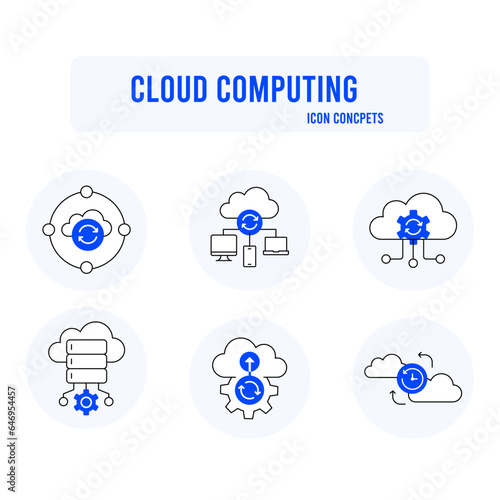 Cloud computing Icon. Cloud computing services, Cloud computing solutions, Cloud computing platforms, Cloud computing benefits, Cloud computing deployment, Cloud computing technologies. Vector Icon.