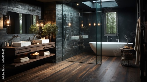 A design bathroom, with a wood floor, black wall, italian shower. © andrenascimento
