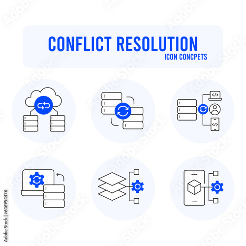 Resolve Data Conflicts icon. Dispute resolution symbol. Conflict Data management illustration. Data Resolution process icon. Editable Stroke Icon.