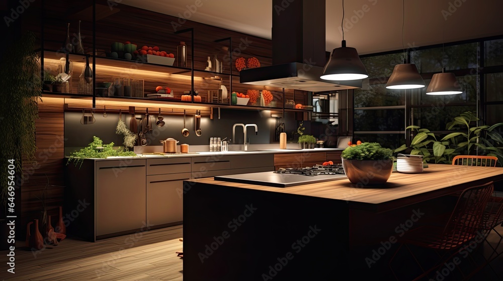 Ultra modern interior of a state of the art kitchen in a cozy, modern home. 