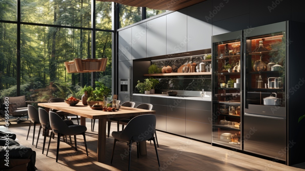 Modern minimalist kitchen , close up shot, beige cabinets floor to ceiling, combined with walnut wood open cabinets with led lights, floating ceiling. Natural light. Modern minimalist kitchen , close up shot, beige cabinets floor to ceiling, combined with walnut wood open cabinets with led lights, floating ceiling. Natural light.