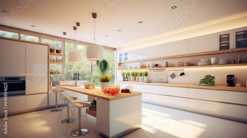 Modern minimalist kitchen , close up shot, beige cabinets floor to ceiling, combined with walnut wood open cabinets with led lights, floating ceiling. Natural light.