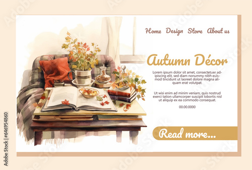 Landing page template with Autumn Decor conceptwatercolor style photo