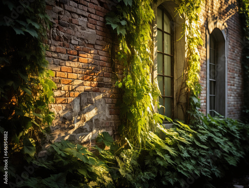 Living wall on a rustic brick facade, Ivy and ferns intertwined, dappled sunlight